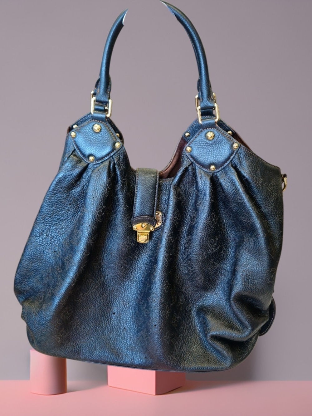 Louis Vuitton Mahina Black Leather Hobo Bag with Gold Hardware